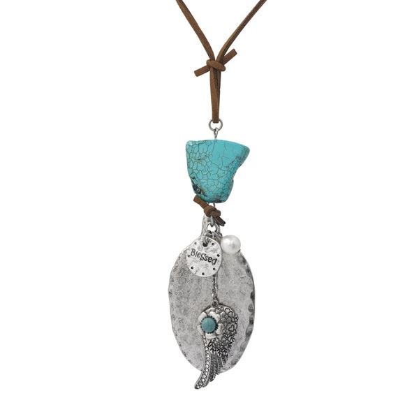 Blessed Angel Wing Turquoise Stone Cord Necklace - Picture 1 of 3